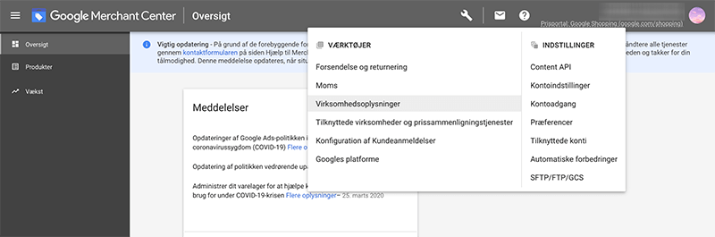 google merchant center virksomhedsindstillinger