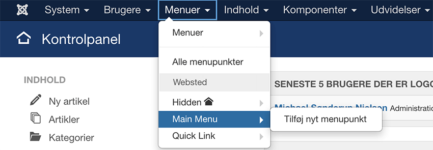Joomla 4 - Skjult Menu