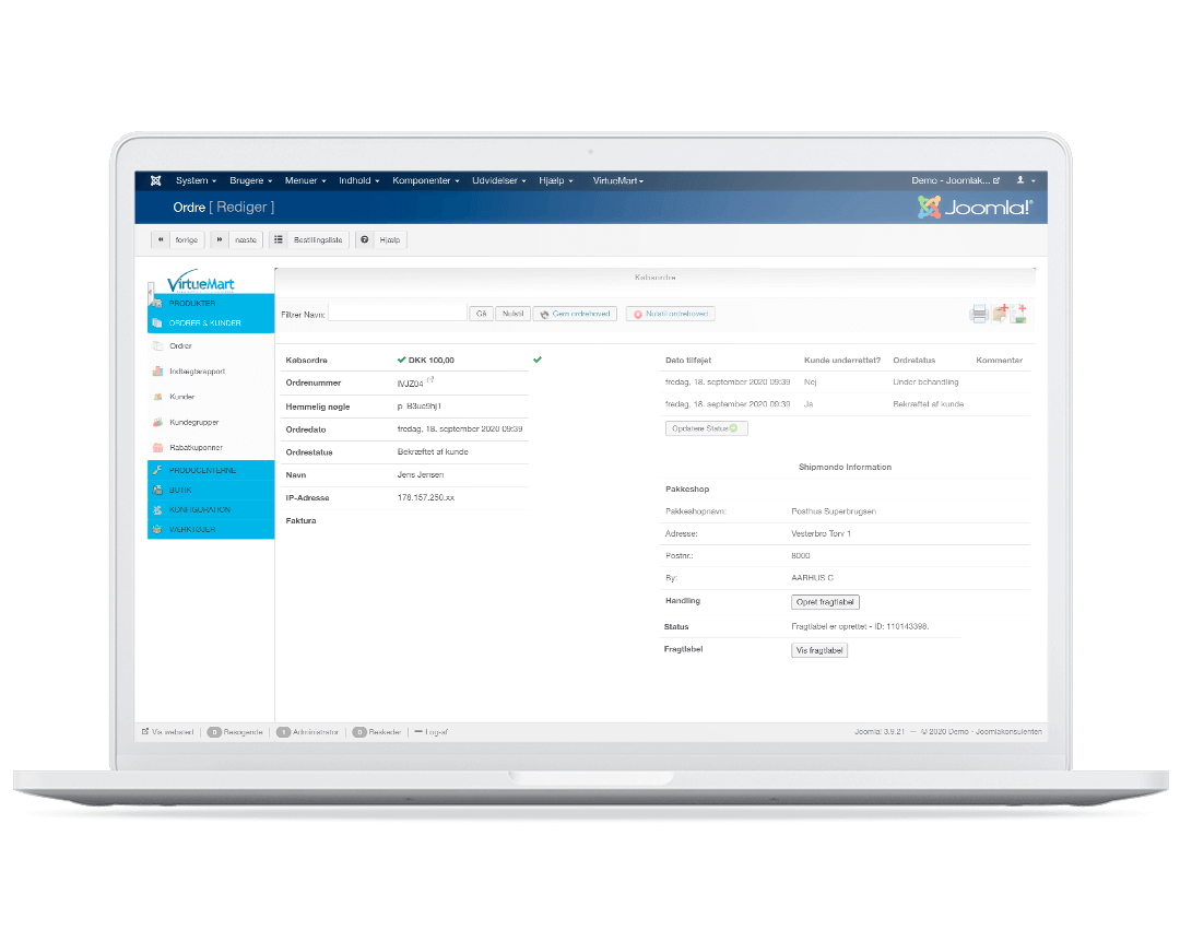 Shipmondo til Virtuemart administration